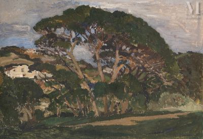 tableau représentant des arbres dans un champ, avec une maison en arrière-plan