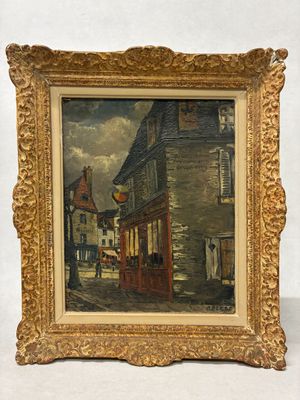 une peinture à l'huile représentant une scène de rue, dans un cadre doré