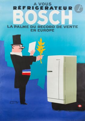 an old poster of a man holding a bunch of flowers in front of a refrigerator