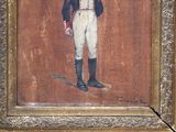 an old painting of a man in a military uniform standing in front of a brown background