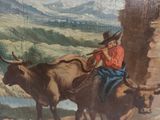 a picture of a painting of a man riding on a oxen