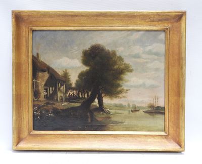 an oil painting of a river scene with a boat in the foreground