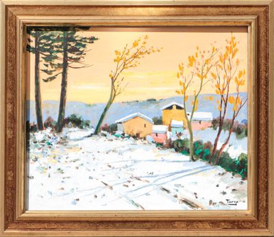 an oil painting of a snowy landscape with a house and trees