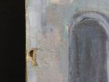 an oil painting of a doorway with a clock on the wall