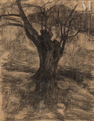 drawing of a tree in a field with a bridge in the background