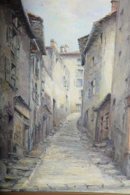 a painting of a street with buildings on both sides of it