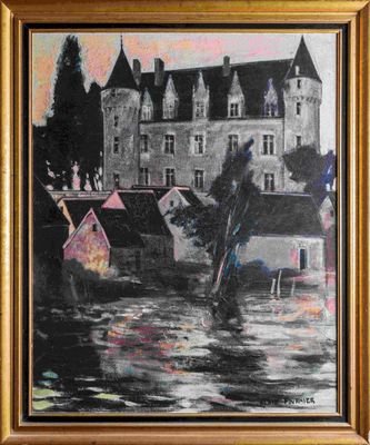 une peinture à l'huile représentant un homme dans un bateau devant un château