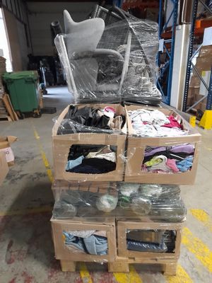 a pile of boxes of clothing in a warehouse