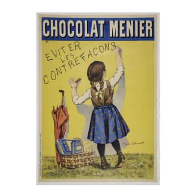 une image d'une affiche publicitaire pour les chocolats Menier, sur laquelle figure une petite fille en robe bleue