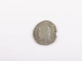 a close up of a coin on a white surface with a white background