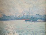 a painting of a boat in the water on a cloudy day