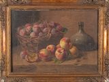 tableau représentant un panier de pêches et une bouteille de vin posés sur une table