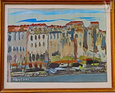 a picture of a painting of a city by the water