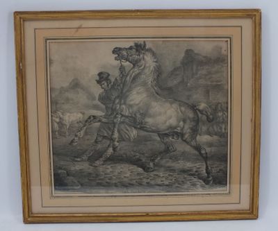 une image représentant un dessin d'un homme à cheval accompagné d'un chien