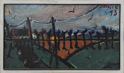 an image of a painting of a fence with birds flying in the sky