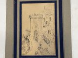 drawing of a castle in a blue frame on a white wall