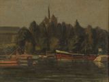 tableau représentant une scène fluviale avec des bateaux et une église au loin
