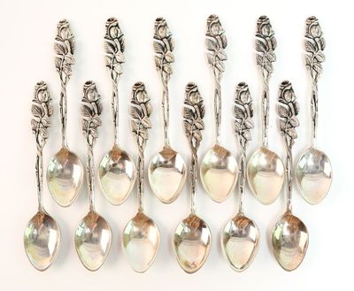 six cuillères en argent sont alignées sur une surface blanche