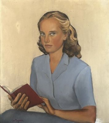 une peinture à l'huile représentant une femme assise sur une chaise, en train de lire un livre