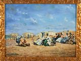 une peinture à l'huile représentant un groupe de personnes assises sur une plage