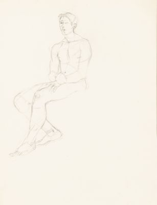dessin au crayon représentant un homme assis sur un tabouret, les jambes croisées