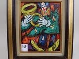 painting of a clown holding a snake in a frame on a white background