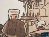a drawing of a man sitting at a table in a restaurant