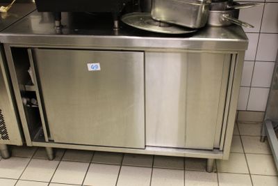 un plan de travail en acier inoxydable sur lequel sont posées des casseroles et des poêles