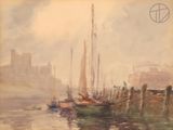 a painting of a boat in the water near a dock