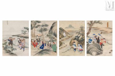 quatre peintures chinoises représentant des personnages et des animaux dans un paysage montagneux