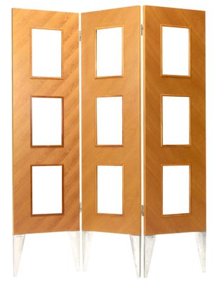 a room divider made of wood with four squares on each side
