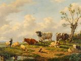 un tableau représentant un troupeau de vaches et de moutons dans un champ
