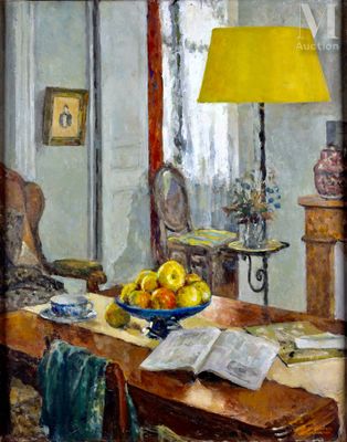 un tableau représentant une table sur laquelle se trouve une corbeille de fruits