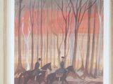 painting of two men riding horses through a forest at sunset