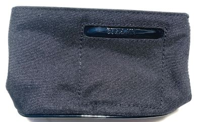 a black wallet that has a blue label on it