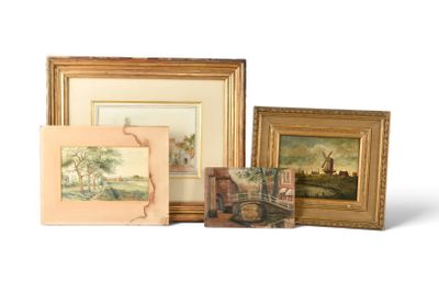 trois tableaux encadrés et une image représentant un paysage sur fond blanc