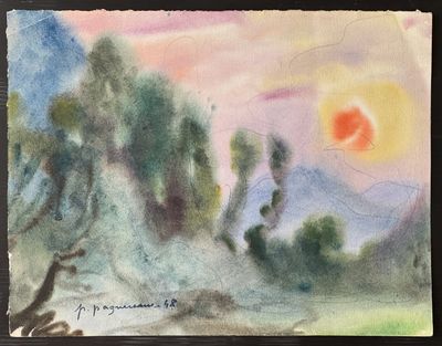 une image représentant un tableau représentant un coucher de soleil sur une chaîne de montagnes