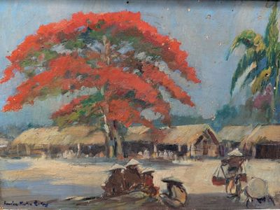 un tableau représentant un arbre rouge au milieu d'un village