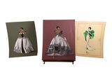 three greeting cards of a woman in a dress and a man in a dress