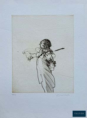 drawing of a woman holding a violin in her right hand