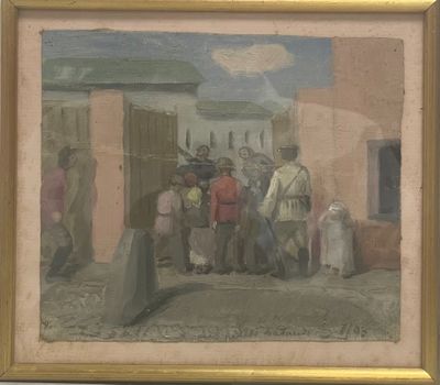 une peinture représentant un groupe de personnes devant un bâtiment
