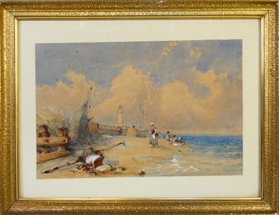 tableau représentant une scène de plage avec des personnes sur le sable et un bateau dans l'eau
