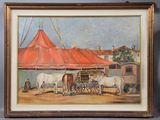 a painting of two cows and a carriage under a red tent