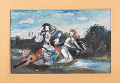 a painting of a group of people on a beach
