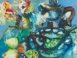 une peinture représentant un vase de fleurs et de fruits sur une table
