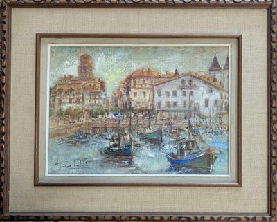 une image d'une peinture de bateaux dans un port