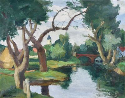 un tableau représentant une rivière qui traverse un champ verdoyant