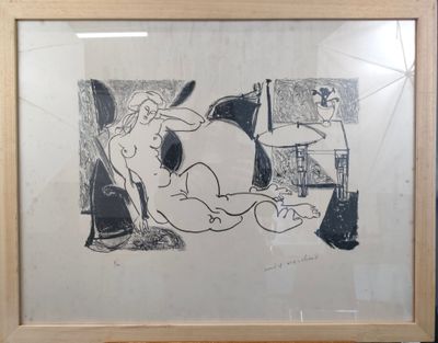 a black and white drawing of a woman laying on a bed