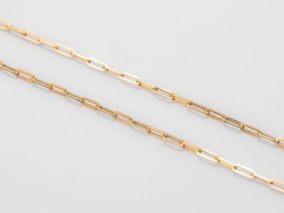 une paire de colliers en chaîne en or sur fond blanc