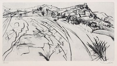 une image représentant un dessin de paysage avec une montagne en arrière-plan